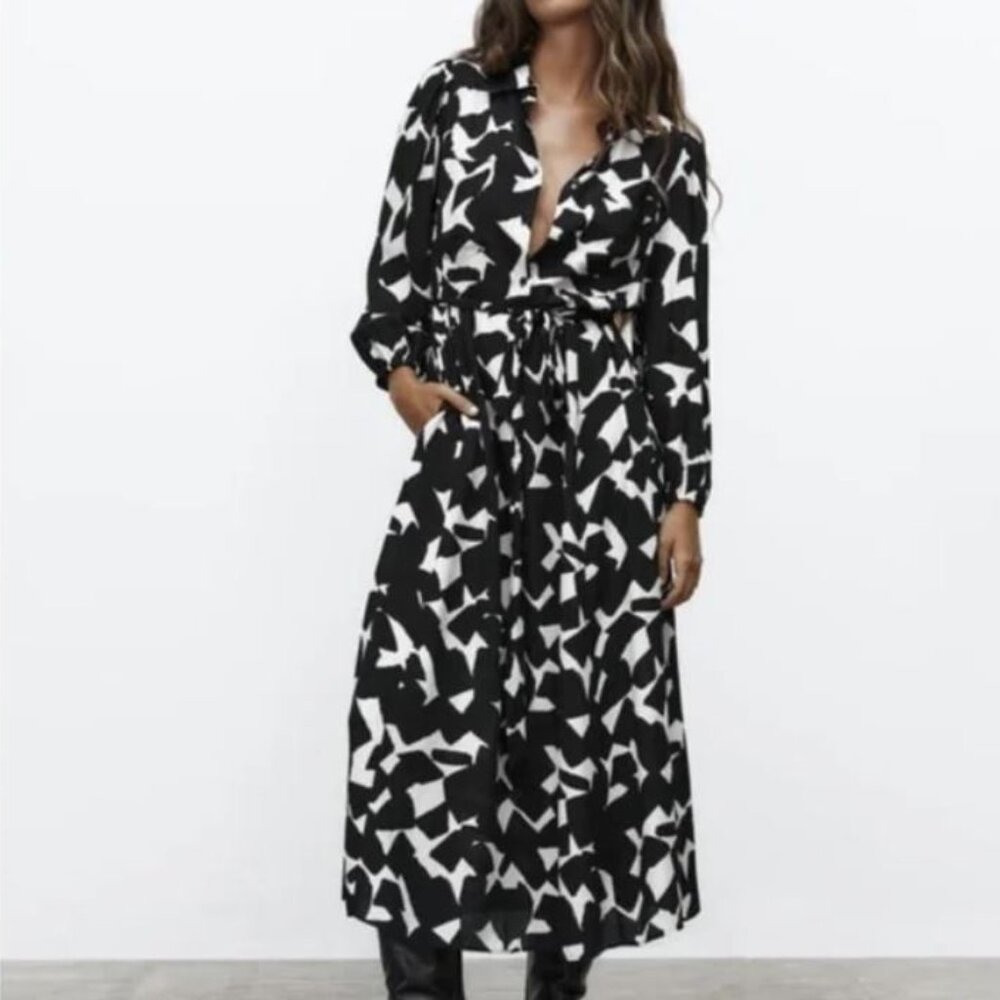 Zara Medium M Black white Patterned Shirt Dress Midi Maxi Dress 6